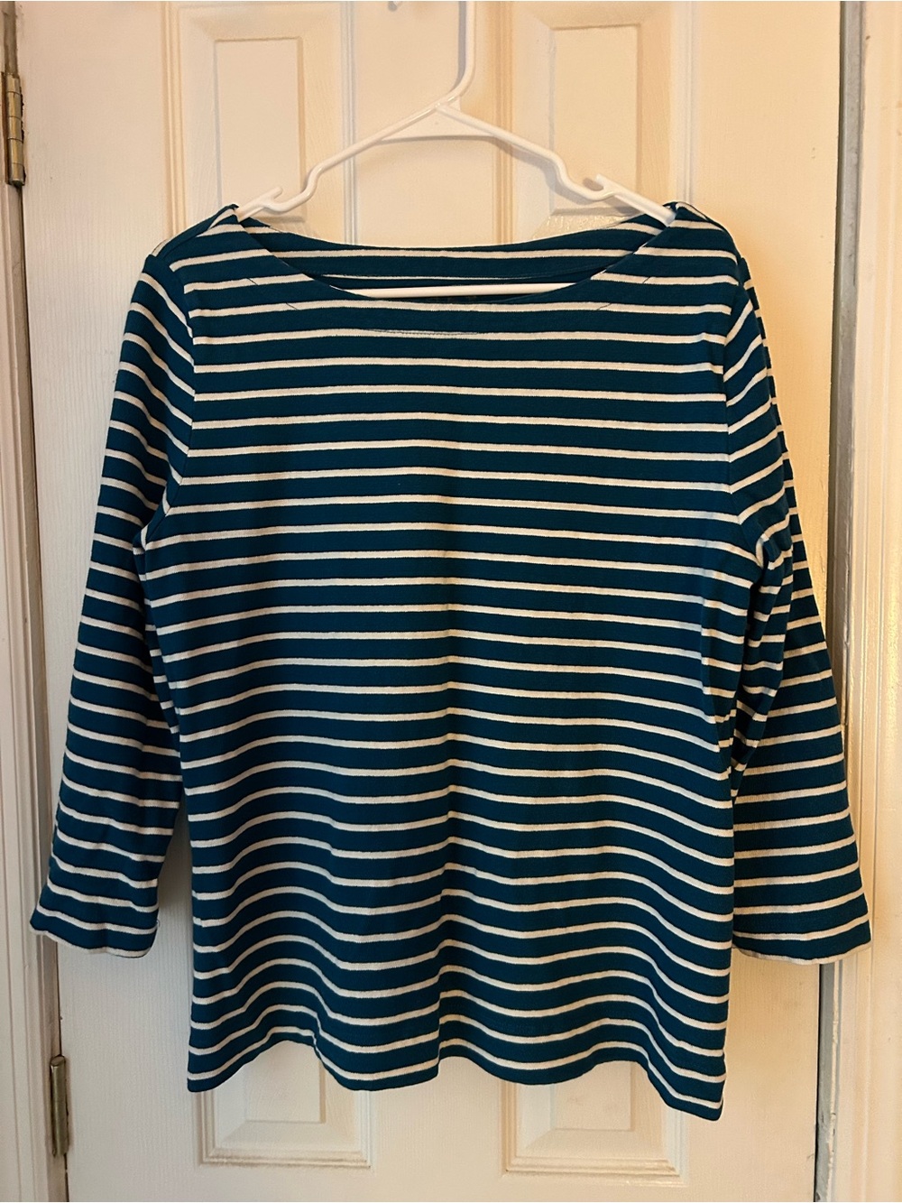 LOFT Striped Boatneck Top in Teal and White